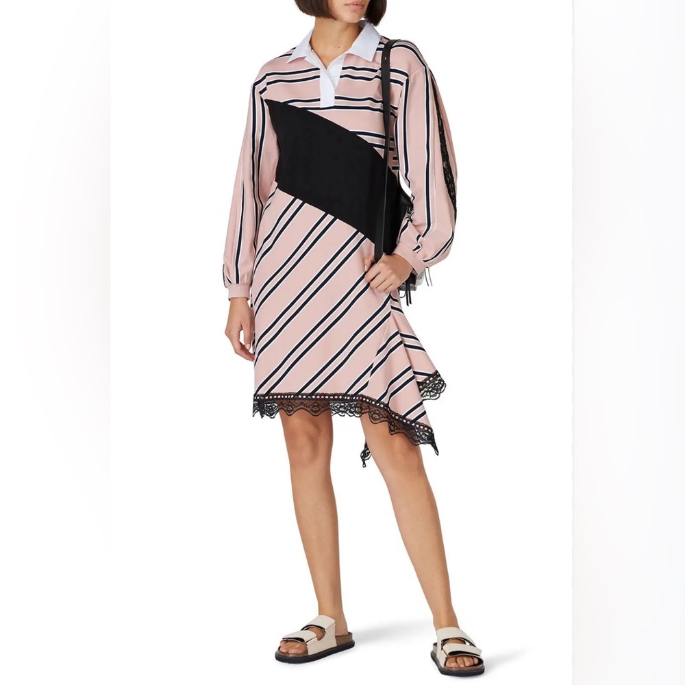 Koché Collective Pink and Black Long Sleeve Polo Dress with Black Lace Trim.
